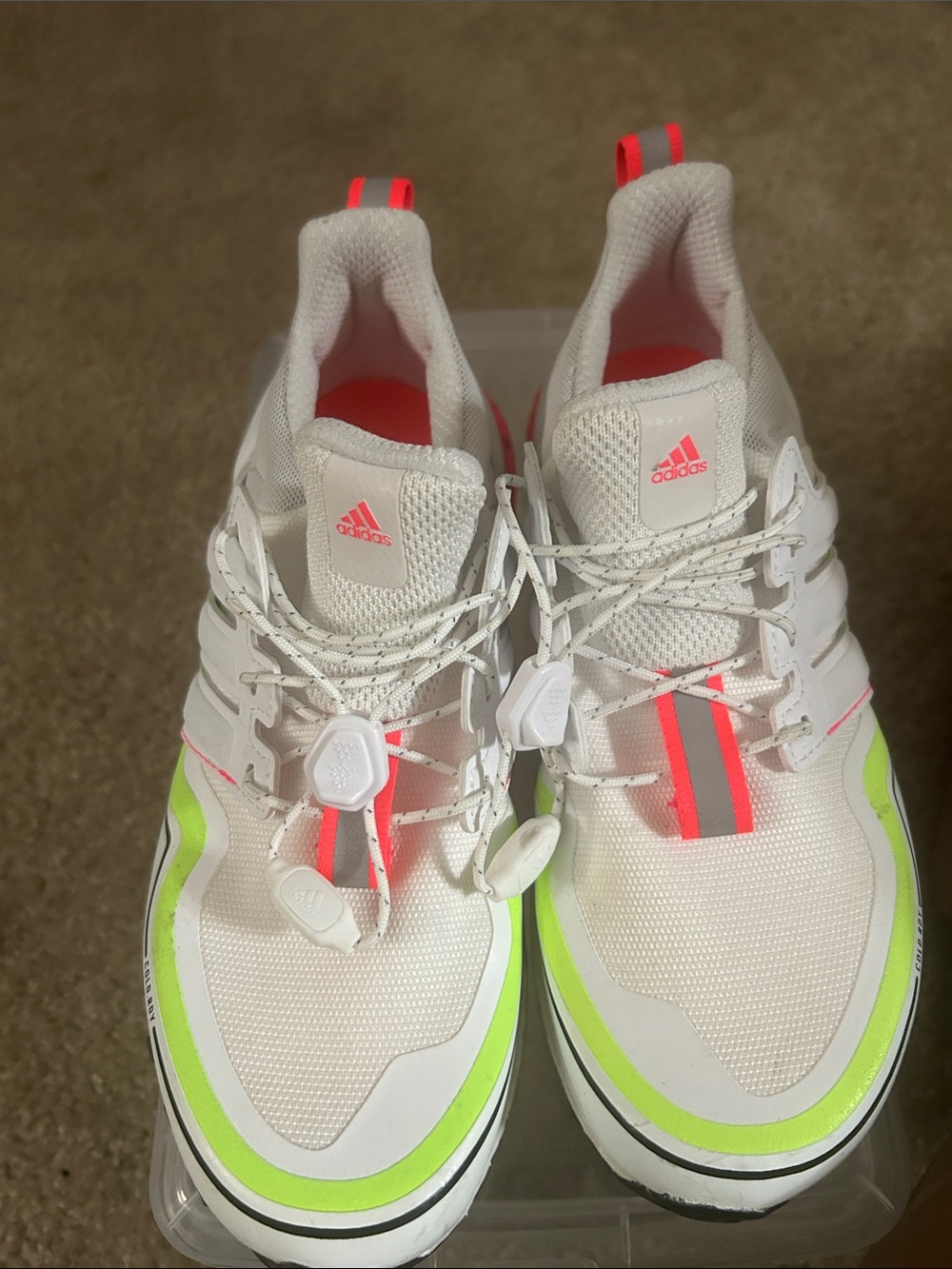 adidas White Sneakers with Neon Green & Hot Pink Accents